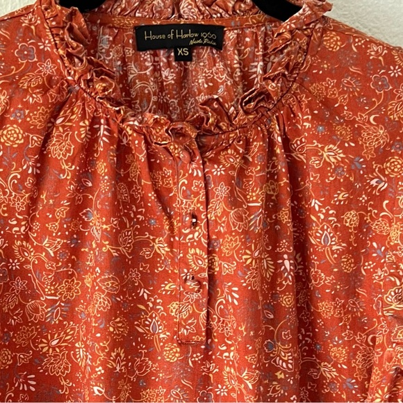 House of Harlow 1960 Josepha Floral Blouse Puff Long Sleeve Top Rust Size XS - Picture 3 of 14